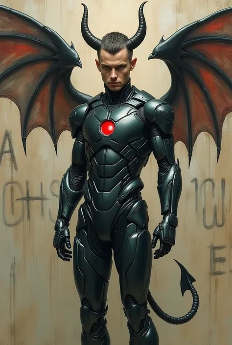 (a mans hair buzzcut and braided one with a small size down all the way to the neck)( horned and long-tailed like a devil ),( has a pair of devil-like wings ), (Handed cyborg /robot),(wearing an ironman uniform), background inscription  "A GHOST YOU SEE" (...