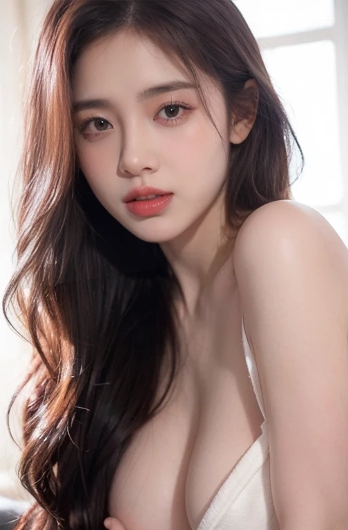 21yo girl, pink hair, ( long and wavy Hair). Bitting her lower lip while closing her eye, opened white oversize t-shirt,, show breast, nipple, show big thigh, natural big brseast,hands holding breasts,plumpy body, doggy pose, naked breast, nipples, sucking...