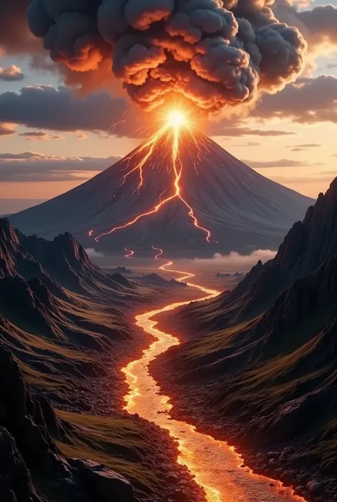 Volcanic eruption、flowing lava、 Focused erupting mountain 、Shooting from a distance、 woman explaining eruption in corner of frame、 dramatic lighting 、 cinematic composition、 bright color、 Hyperrealistic 、8k、 very detailed 、 photorealistic 、 professional ph...