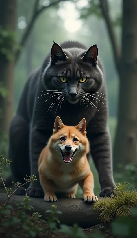  The brave cat is seen standing on top of the tree ,  staring down with a confident expression, while the dog barks under .