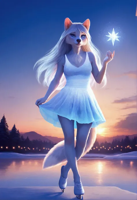 (Photorealistic, highest quality), cute woman, furry white and blue warm clothing, she is watching lesbians ice skating on a frozen pond. sunset. Christmas lights