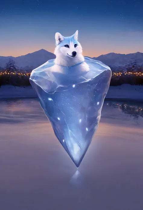 (Photorealistic, highest quality), cute woman, furry white and blue warm clothing, she is watching lesbians ice skating on a frozen pond. sunset. Christmas lights