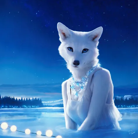 (Photorealistic, highest quality), cute woman, furry white and blue warm clothing, she is watching lesbians ice skating on a frozen pond. sunset. Christmas lights
