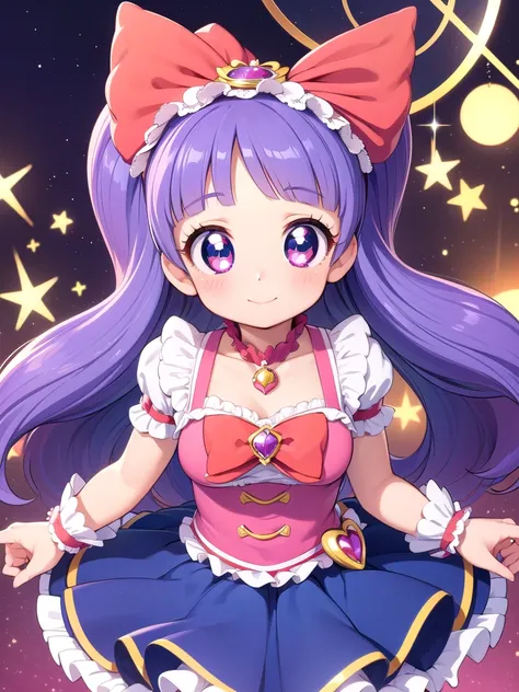 ((Highest quality)), ((masterpiece)), (be familiar with), 3d, Perfect Face, Big eyes, Drooping eyes, eyelash, The sparkling light of the eyes, (precure), (Aikatsu!), idol magical girl, lolita fashion, (mini skirt), big breasts, shy smile, closed mouth