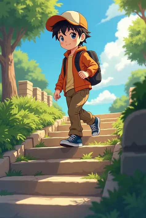 anime a boy, years 5,  walking a staircase, walking, cap, pants