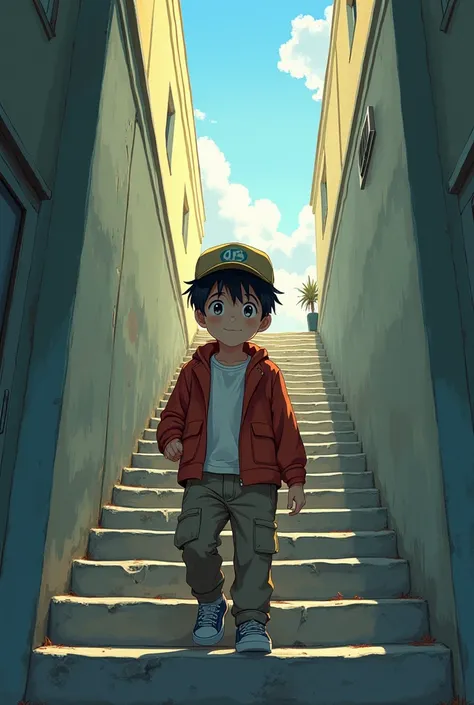 anime a boy, years 5,  walking a staircase, walking, cap, pants