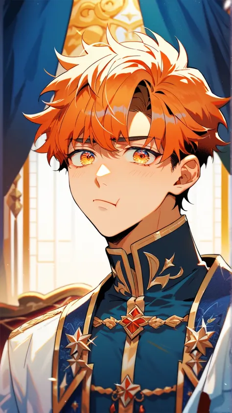 8K, man in his twenties with orange hair, kpop bangs, big, orange innocent eyes, soft face, prince-like appearance, fantasy clothes, noblemans clothes, royalty. Bedroom, bed, red face, pout, needy