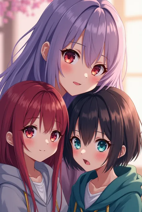 Anime lady with lavender hair and red eyes . With a man with black hair and turquoise eyes who is her husband and their ren  two  a who is 15 boy with crimson hair and red eyes and girl who is 13 with black hair and turquoise eyes.