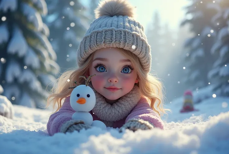 a  playing in the snow, 1 girl, beautiful detailed eyes, beautiful detailed lips, extremely detailed face, long eyelashes, winter landscape, snowy trees, snowflakes, snowman, sled, photorealistic, 8k, hyper detailed, cinematic lighting, vibrant colors, dra...