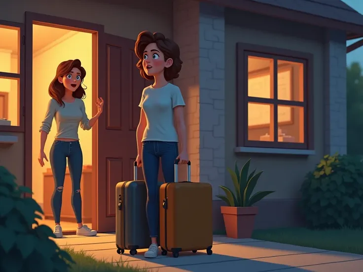 In this animated scene, a young woman stands outside her house, holding her suitcases, preparing to leave. Her expression is calm and satisfied, with a subtle smile on her face, as if she’s finally relieved and empowered by her decision to move on. She sta...