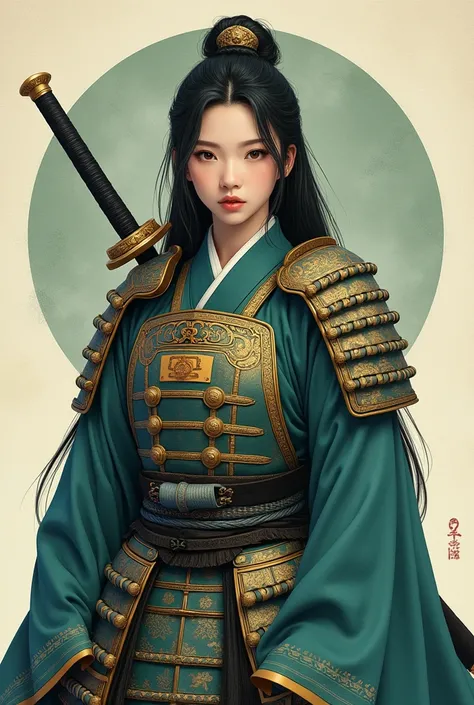 A highly detailed portrait of a young woman dressed as a samurai warrior, wearing an intricately designed teal and gold kimono-style armor with traditional Japanese patterns. Her long, straight hair flows gracefully, and she carries a katana sheathed on he...