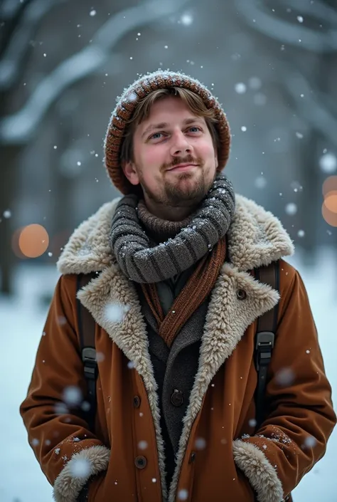 A European-looking man with short light brown hair, shown from the waist up, dressed in warm winter clothing: a thick scarf, a fur-lined coat, and a woolen hat. His posture and expression radiate hope and wonder, with wide, sparkling eyes and a soft, expec...