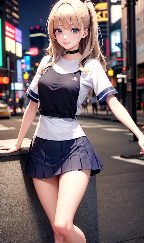 (8k, Photo and disgusting ,   masterpiece :1.3), (realist, photo-realistic:1.37), (night), ( looking at the viewer :1.331), (by white), posing, Tokyo street, nightcityscape, Cyberpunk city, Light costume , 1 ,  extremely pretty face, ,  Lower your hands , ...