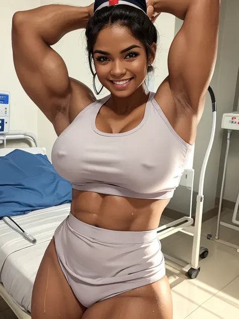 cute muscular nurse at the hospital, smiling. big biceps . sweaty armpits. Make in drawing
