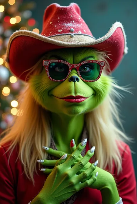 the grinch with long blode hair smiling with red lipstick wearing sunglasses and a cowboy hat with a Christmas background
