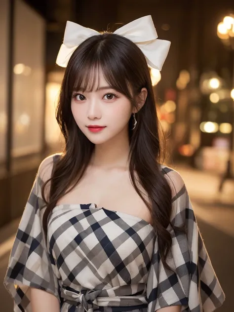 Full body:1.9, Highest quality, shape, Very detailed, finely, High resolution, 8k wallpaper, perfect dynamic shape, Beautiful and beautiful eyes, Body up:1.9,((The costume is a checked poncho with a big ribbon on the chest)),　Straight hair,Small breasts、Na...