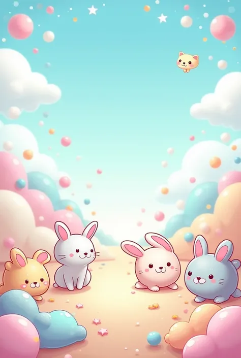 Design a vibrant and cheerful graphic that features playful, pastel colors (like baby pink, mint green, and soft lavender). Include adorable, cartoon-style elements like kittens, bunnies, clouds, or hearts. Add a whimsical touch with sparkles, soft gradien...