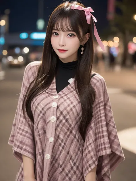 Full body:1.9, Highest quality, shape, Very detailed, finely, High resolution, 8k wallpaper, perfect dynamic shape, Beautiful and beautiful eyes, Body up:1.9,((The costume is a pink checked poncho with a big ribbon on the chest)),　Straight hair,Small breas...