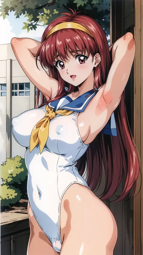   masterpiece on penis ,   top quality,   is high definition , 1990s (  style  ),Shiori Fujisaki　  high school girl with visible armpits　Big Breasts　 yellow headband　  sailor suit 　