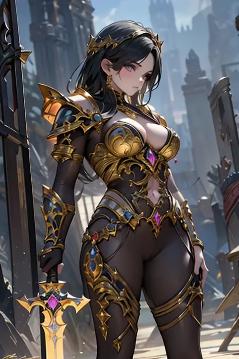 A powerful female warrior, beautiful detailed eyes, beautiful detailed lips, extremely detailed eyes and face, long eyelashes, muscles, armor, holding a large axe, epic fantasy arena, towering columns, dramatic lighting, cinematic composition, dramatic col...