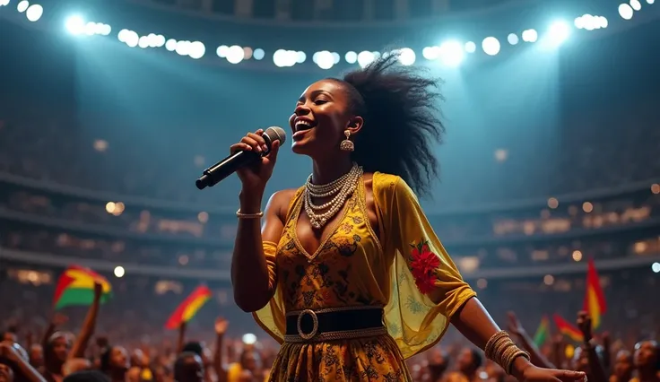 Sur la scène centrale d’un immense stade en effervescence, la chanteuse domine l’espace avec une présence magnétique, micro à la main, semble bouger en dansant, ouvre la bouche joyeusement. Le cadre resserré sur son visage met en lumière son expression int...