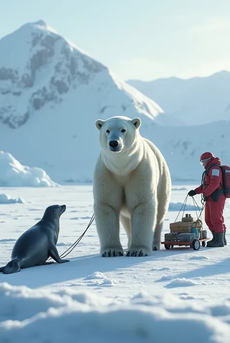 hyper realistic scene in arctic  polar bear stands on the icy tundra, towering yet gentle, while a seal glides across the snow, dragging a small sled with supplies. Scientists in heavy winter gear observe and direct them as they set up monitoring equipment...