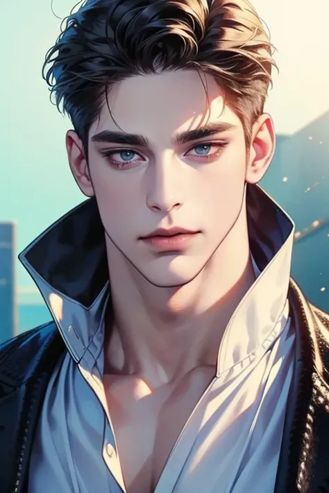 (best quality,4k,8k,highres,masterpiece:1.2),ultra-detailed,(realistic,photorealistic,photo-realistic:1.37),36 year old man,3 day beard,handsome anime,portraits,strong,masculine,dark hair,sharp jawline,mesmerizing eyes,perfectly styled hair,cool anime outf...