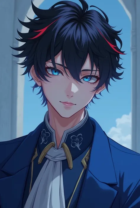 A Young Prince, man.
.
 WITH SPANISH OR AMERICAN FACIAL FEATURES.
 white skin .
 Black hair with lots of red tufts all over her hair.
 short hair.
blue eyes. 
And the clothing will be blue .