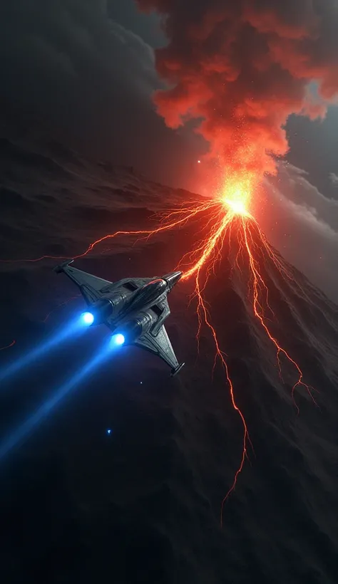  fighter plane flying over the volcano 、The background is a completely dark space 、One fighter、Aerial birds-eye view、The surface of the earth is brown rocky 、Volcano at the top of the screen、 fireballs scattering from the volcano 、Laser light shines blue f...