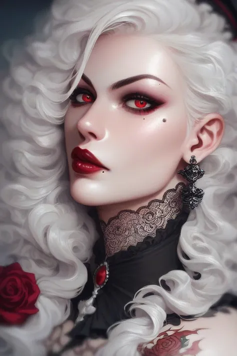 very pale Woman. white skin. White hair. red eyes. dark red lips. serious and confident look. victorian gothic style. scar on her eye. beauty mark. tattooes. vampire.