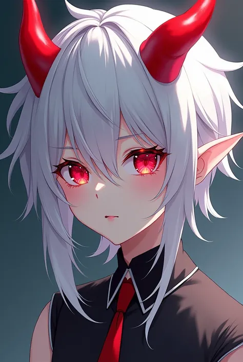  Anime boy with white hair with red tips, red horns, fallen elf ears ,  white eyelashes,  pale skin and red eyes ruby 