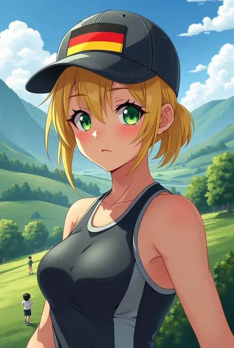 AN 18-Year-Old TEENAGE WOMAN WITH BLOND HAIR AND GREEN EYES, WITH A SPORTS CAP THAT HAS THE FLAG OF GERMANY ON IT IN A SMALL BOY, in the background a landscape, anime illustration