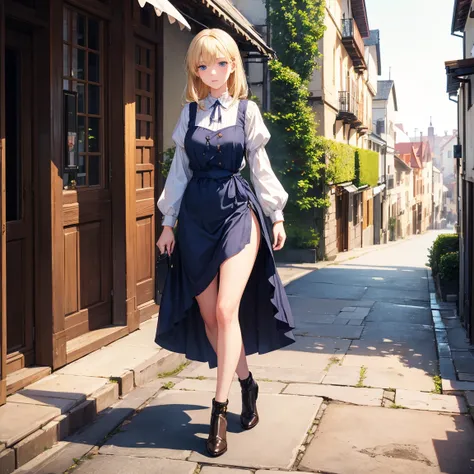  top quality,   masterpiece on penis ,  realistic pictures,  complex details,  RAW photos ,  super detailed, old fashioned  young woman, Country dress, Headless,  blonde hair , Perfect details and blue eyes, Walking around the old town, HD quality, 8k,  yo...