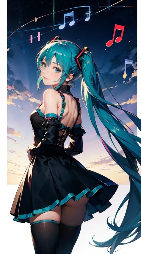 lying (smile:0.8), arms behind back, thighhighs, zettai ryouiki, (( musical note)), , 1girl, transform_broken, shining, transform_broken,1girl,transform_broken,shining,transform_broken,hatsune miku twintails,1girl,transformation,1girl