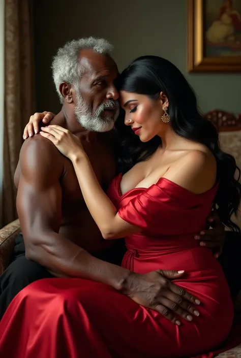 (academic classicism art :1.2), ((top-quality、8k、​masterpiece:1.3)),(Kylie Jenner :1.5 ), ( beautiful sexy woman with dark skin strong old age uncle:1.5) ,  hugging old buff man, hands tightly gripping his neck , intimate and emotional moment, sharp focus:...