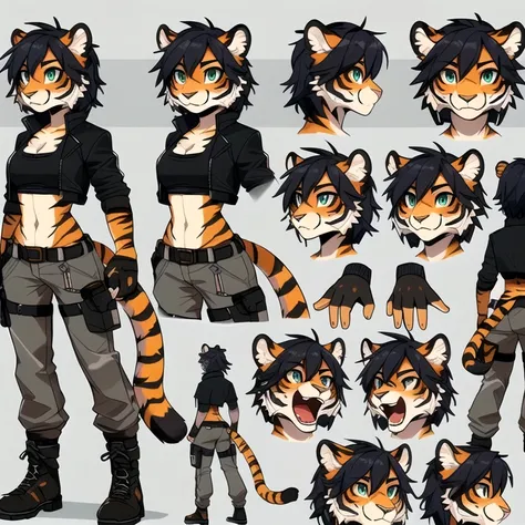 a close up of a person with a tiger costume on, fullbody commission for, [ character design ], anime character reference sheet, ((tiger)), detailed character art, reference sheet, character reference sheet, 3 d character reference sheet, detailed fanart, h...