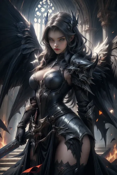 a woman in armor holding a sword and a sword, angel knight gothic girl, villainess has black angel wings, detailed fantasy art, angel knight girl, epic fantasy art style hd, 4k fantasy art, dark armor, stunning armor, hd fantasy art, deathknight, 8k fantas...