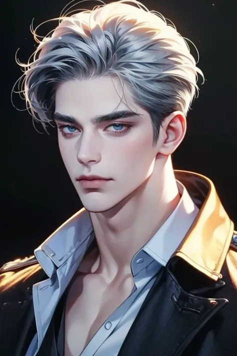 (best quality,4k,8k,highres,masterpiece:1.2),ultra-detailed,(realistic,photorealistic,photo-realistic:1.37),36 year old man,3 day beard,handsome anime,portraits,strong,masculine,dark silver hair,sharp jawline,mesmerizing eyes,perfectly styled hair,cool ani...