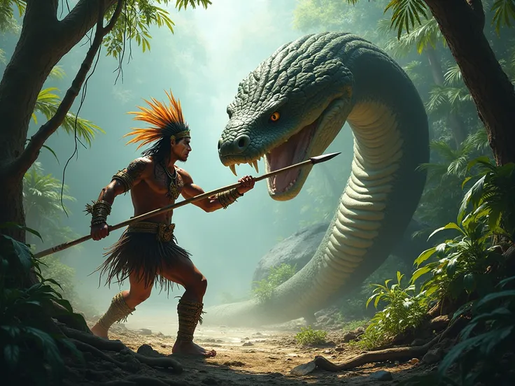 Amazonian trival man attacking a giant snake.