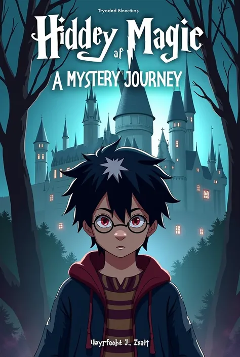  A cover image for a novel inspired by the magical world of Harry Potter,  the image has the title of the novel which is The Hidden Magic at Hogwarts: A Mystery Journey in the upper part ,  with the Harry Potter font in the title ,  and put a boy with the ...