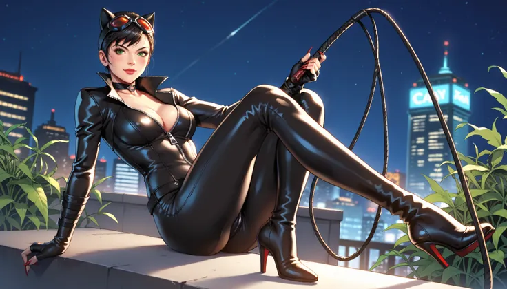 sfw, anime style, extremely detailed CG, high resolution, best quality, masterpiece, single woman, catwoman (Batman Arkham City), black hair, seaweed eyes, black leather-like suit, cowl, prominet zipper (cleavage), red-lensed googles (headband), black whip...