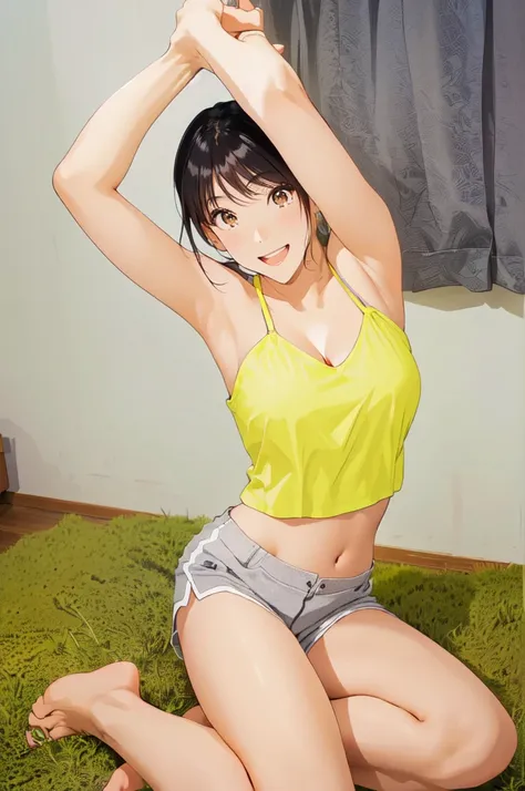  attractive thighs、Big Breasts、 cleavage、A woman in a yellow top and gray shorts is posing, Cottagecore!!   fitness body ,  A Gorgeous Young Korean Woman ,  Beautiful young Korean woman hanging her bag diagonally ,  Young Cute Gravure Idol, realistic   you...