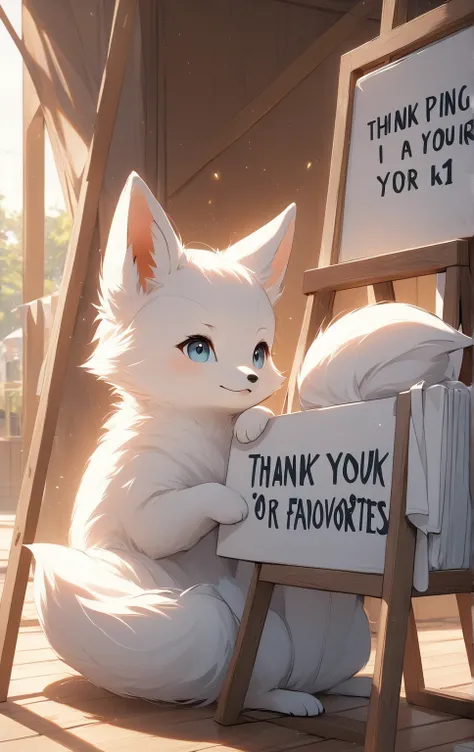  masterpiece， top quality，  high definition ，8ｋ， white baby fox ，cute,Im putting up a sign saying “Thank you for your 1k favorites”，