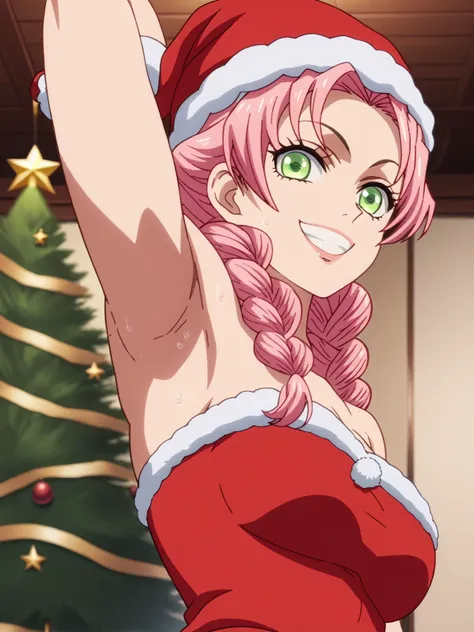 score_9, score_8_up, score_7_up, source_anime, anime screencap, 1girl, solo, kanroji, long braided hair,pink hair, green eyes, parted bangs, Santa costume, red costume, strapless, Santa hat, arm up, raised arm, armpit, looking at viewer, head towards viewe...