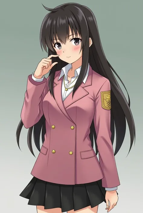 Squadron　heroine　live-action　 Japanese　 Untied Straight Long Hair 　bangs　 hair messy due to sweat 　 Pink Collared Blouson 　 Gold Emblem on the Left Sleeve of the Jacket 　 Simple White Collared Shirt 　シンプルな黒い ties　 Gold Thin Necklace 　 ties　 Smartwatch on L...