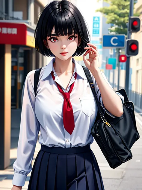  Activity Tracker,  Ridiculous Results ,original,and beautiful, beautiful and detailed eyes and face,girl,   unique , Big breasts,  black hair ,  red eyes ,  short hair , School Uniform,  white shirt ,  skirt, The lapel shirt , Short bangs,