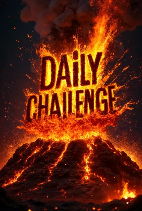 Volcanic Eruption, letters ‘Daily Challenge’ made of lava scattered from an explosion, with orange glowing and crumbling letters on top of a volcano, with scattered lava around the letters, with a volcano and flowing lava below the letters