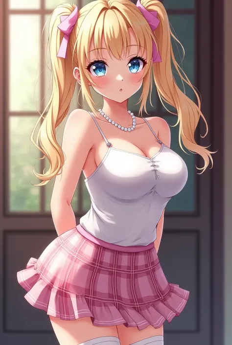 A girl with light blonde hair tied in long pigtails and blue eyes, dressed in a white sleeveless top, a pink plaid skirt , white lingerie stockings, busty, with a white pearl necklace in anime