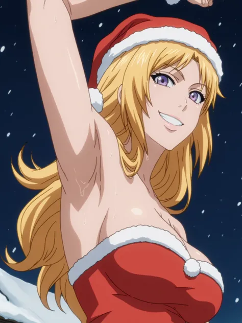 score_9, score_8_up, score_7_up, source_anime, anime screencap, 1girl, solo, rangiku, long hair, blonde hair, grey eyes, large breasts, cleavage, Santa costume, red costume, strapless, Santa hat, arm up, raised arm, armpit, looking at viewer, head towards ...