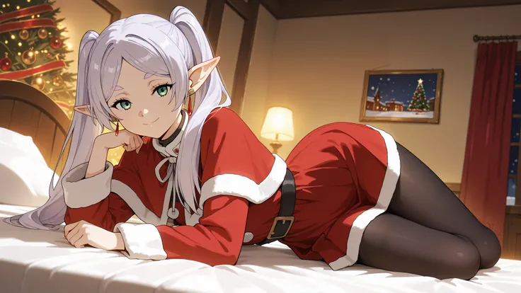 (masterpiece), best quality, absurdres, very aesthetic, looking at the viewer, nice hands, 1 girl,zzFrieren, long hair, smile, twintails, green eyes, grey hair, pointy ears, elf, zzFrieren, long hair, twintails, green eyes, grey hair, pointy ears, elf, sh...
